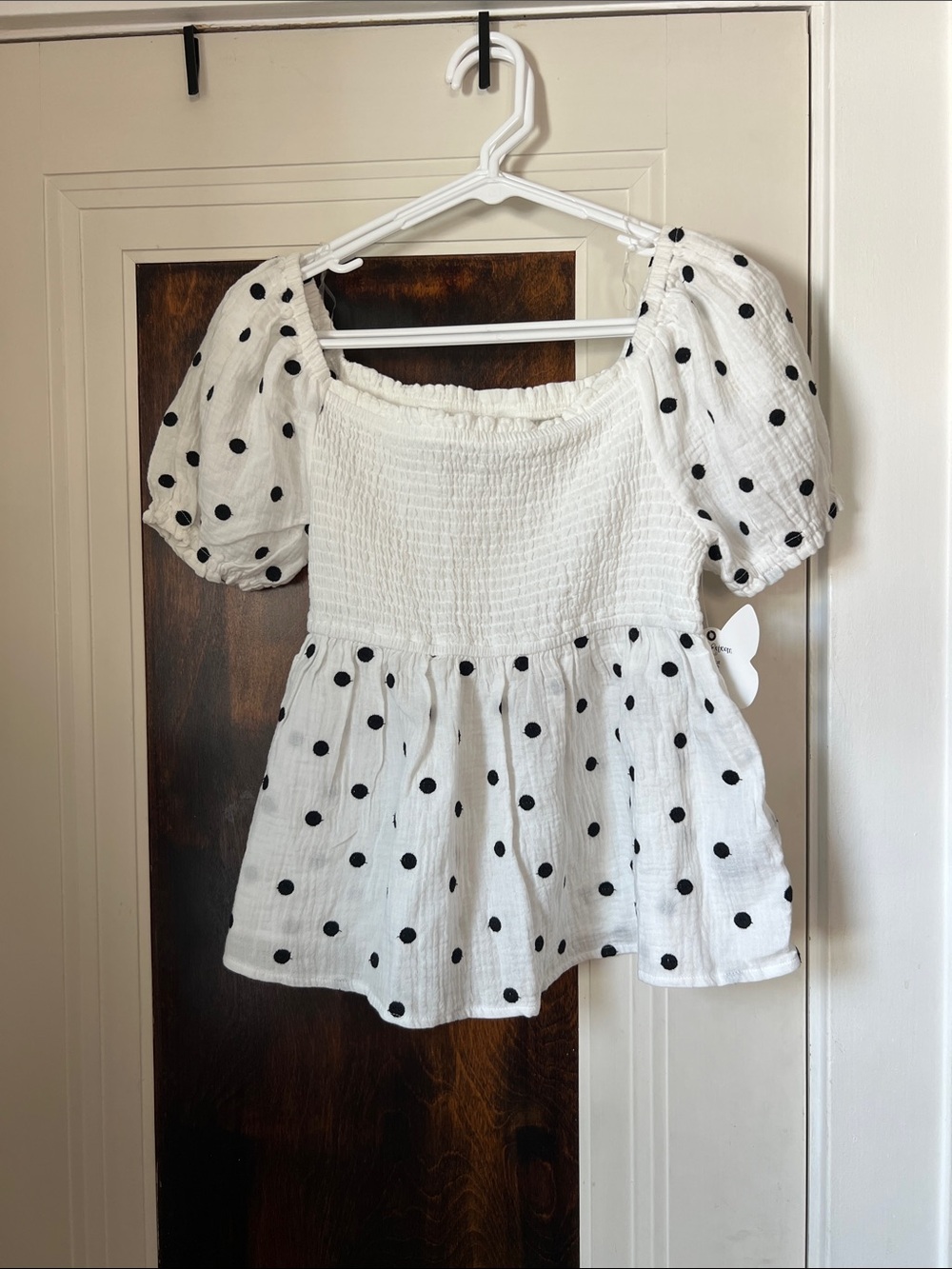 Self Esteem White Top with Black Polka Dots and Puff Sleeves